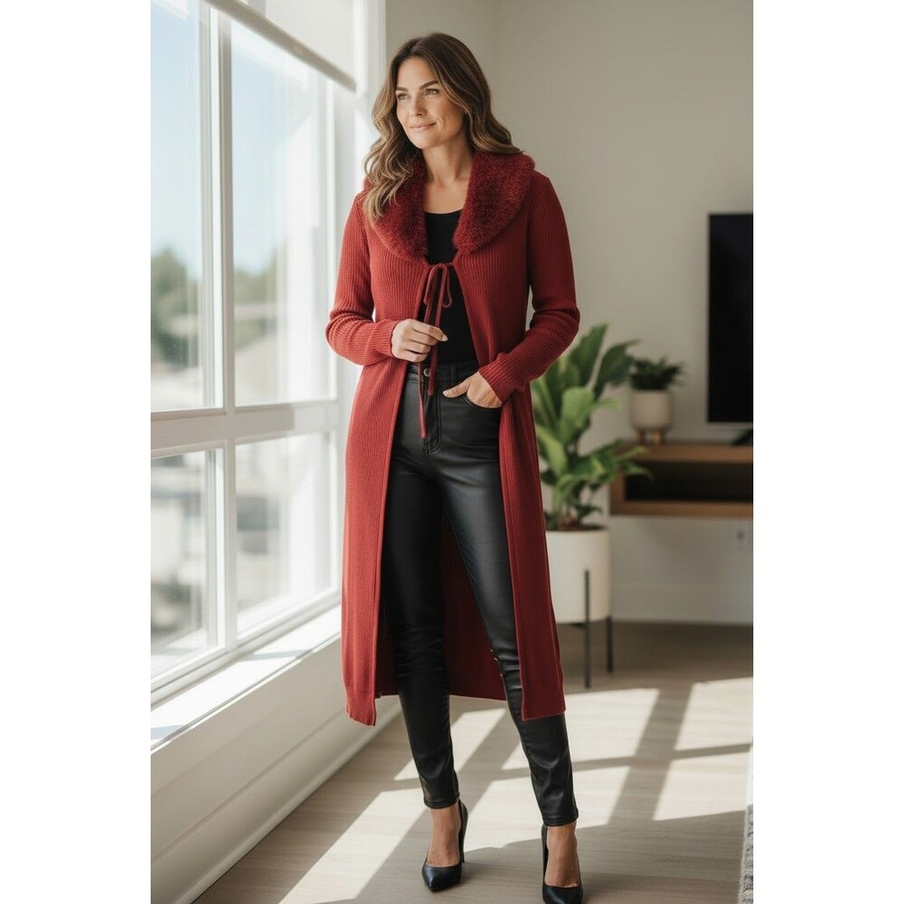 Deep Red Ribbed Knit Faux Fur Collar Long Cardigan Sweater by Emerson Lang Sz M